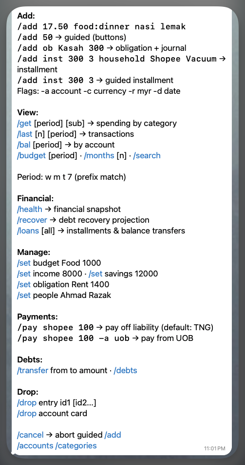 tele-expense /help screen
